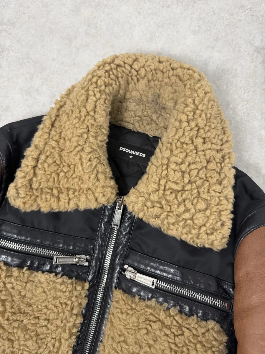 FW2018 Dsquared2 Brown & Black Beige Shearling Leather Alpha Jacket hjKIUSX 6