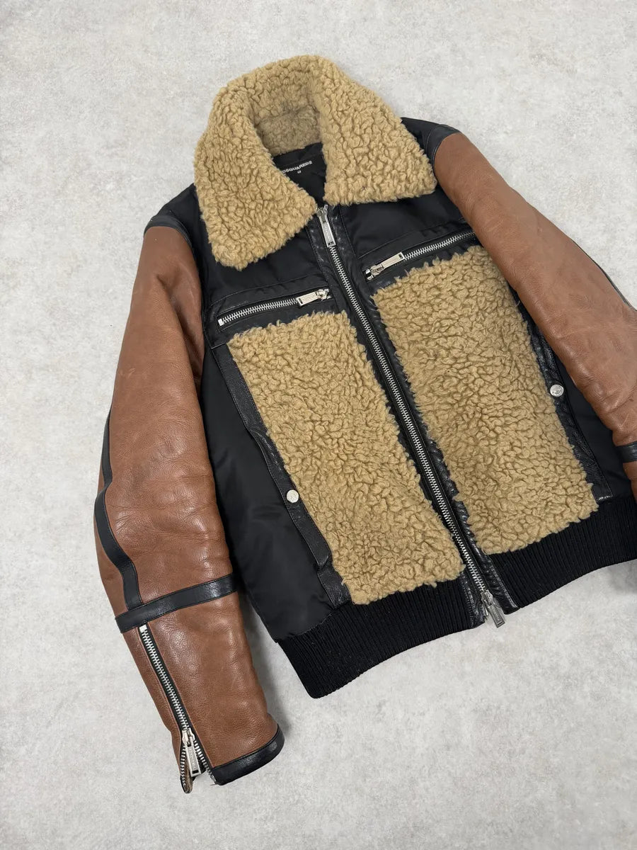 FW2018 Dsquared2 Brown & Black Beige Shearling Leather Alpha Jacket hjKIUSX 7