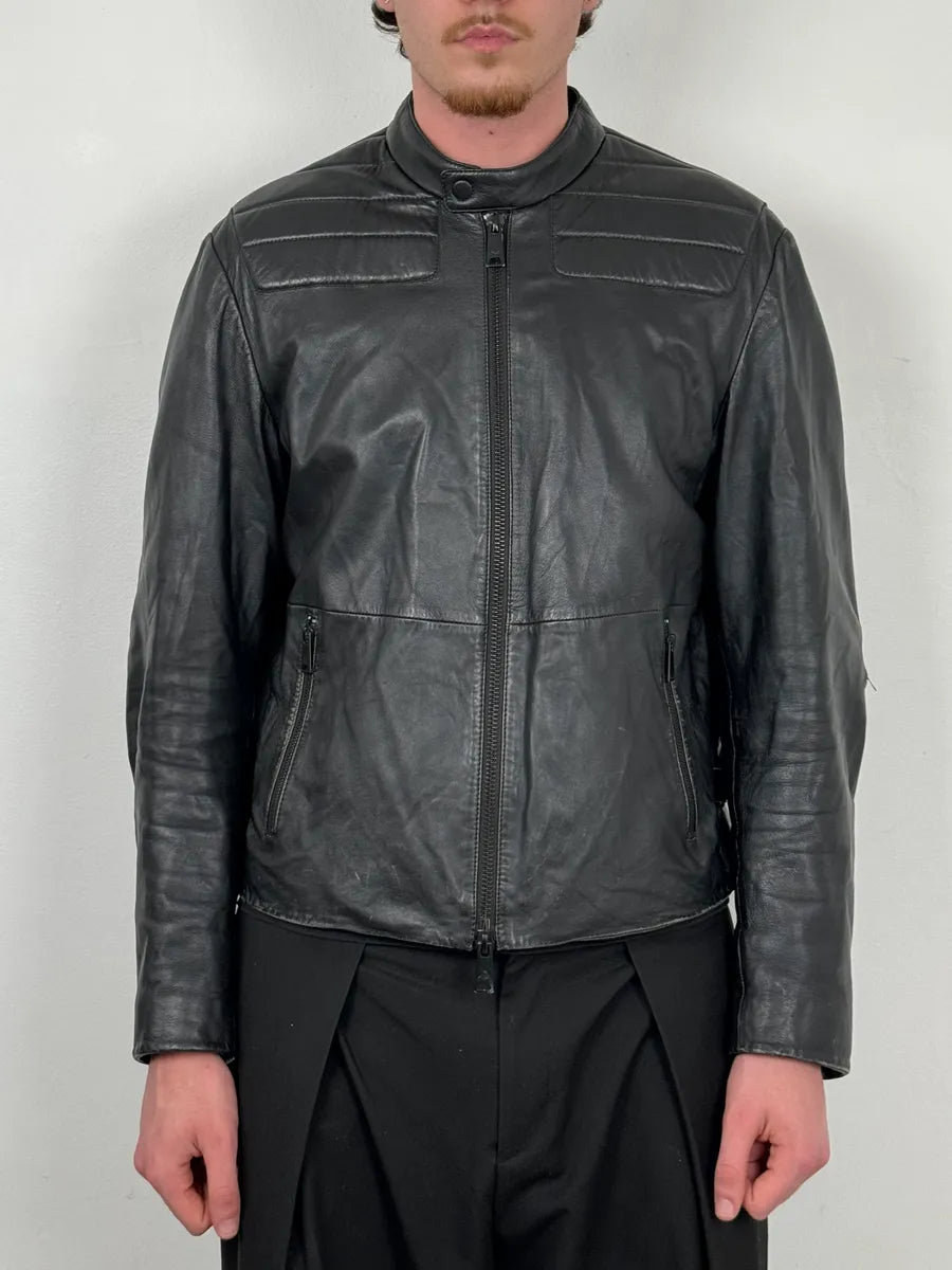 FW2018 Emporio Armani Biker Padded Black Leather Jacket lyWlnHu 1