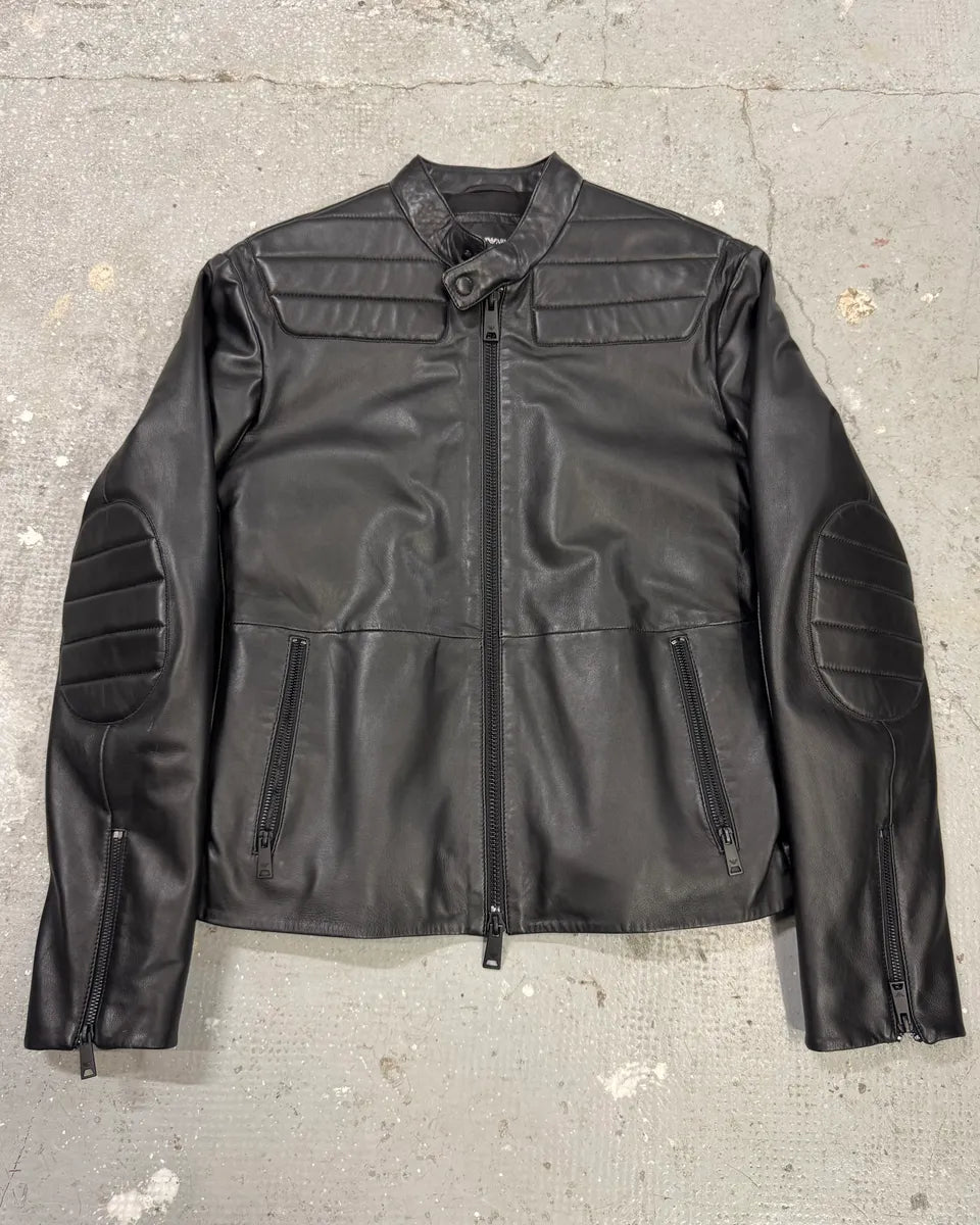 FW2018 Emporio Armani Biker Padded Black Leather Jacket lyWlnHu 0