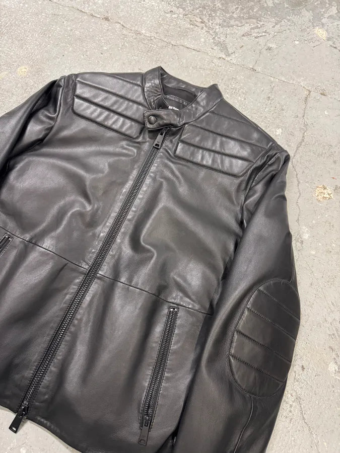 FW2018 Emporio Armani Biker Padded Black Leather Jacket lyWlnHu 2