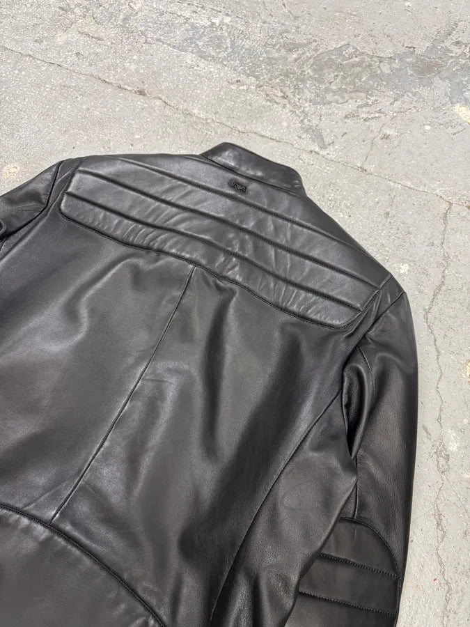 FW2018 Emporio Armani Biker Padded Black Leather Jacket lyWlnHu 5
