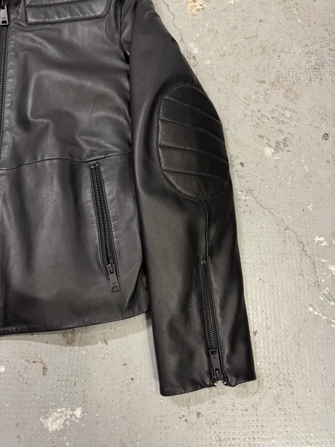 FW2018 Emporio Armani Biker Padded Black Leather Jacket lyWlnHu 4