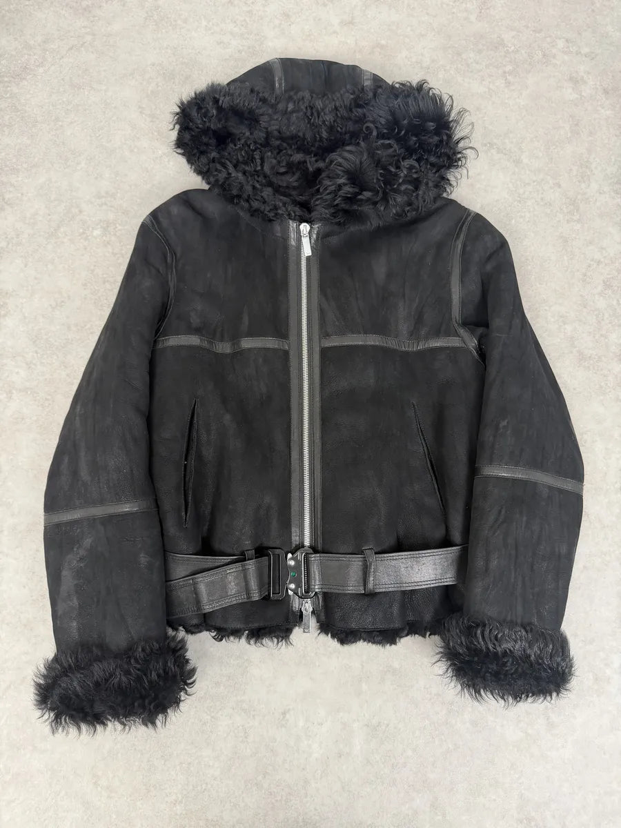 FW2018 Emporio Armani Plushed Leather Black Belted Jacket yZUATmt 1