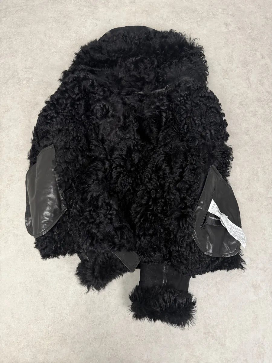 FW2018 Emporio Armani Plushed Leather Black Belted Jacket yZUATmt 4