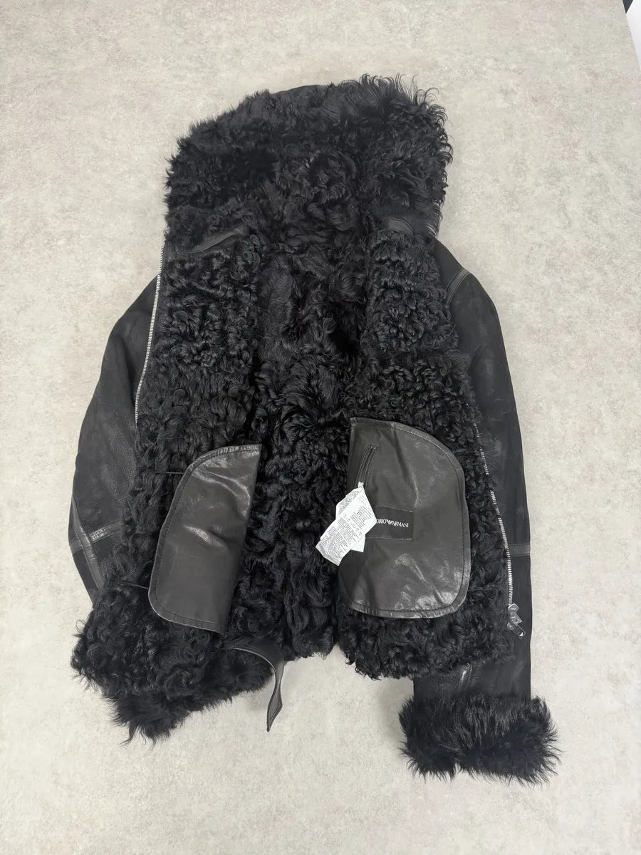 FW2018 Emporio Armani Plushed Leather Black Belted Jacket yZUATmt 5