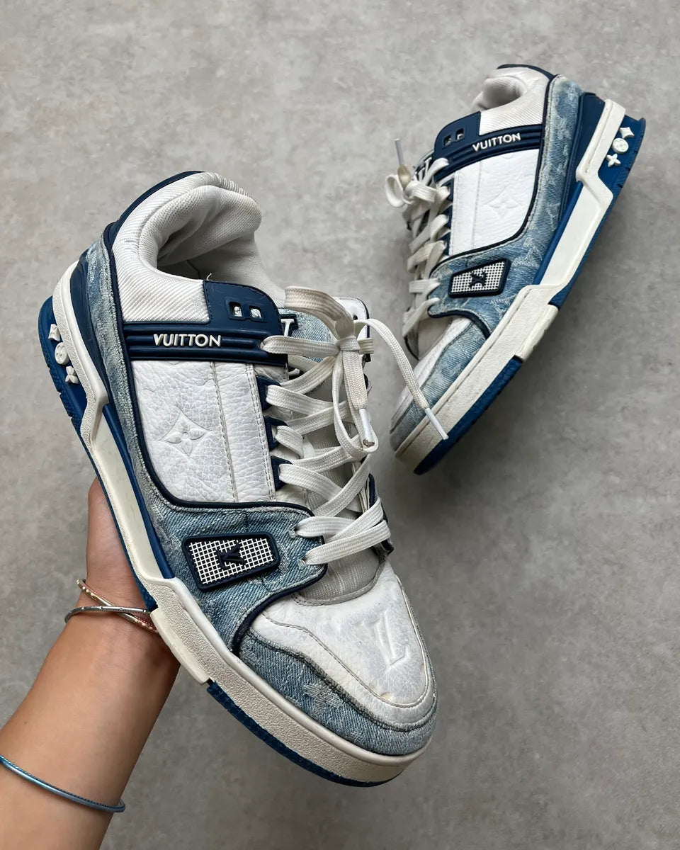 FW2018 Louis Vuitton Blue Denim & White Leather Trainer Sneakers nRDVZkO 0