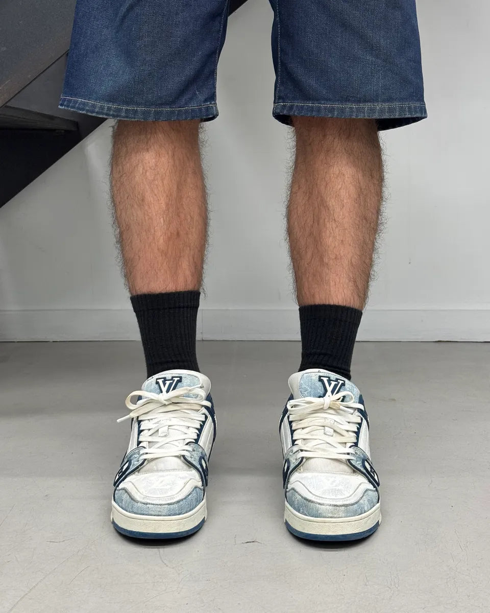 FW2018 Louis Vuitton Blue Denim & White Leather Trainer Sneakers nRDVZkO 1