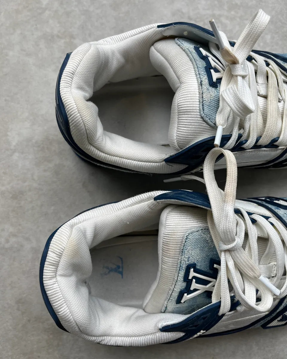 FW2018 Louis Vuitton Blue Denim & White Leather Trainer Sneakers nRDVZkO 10