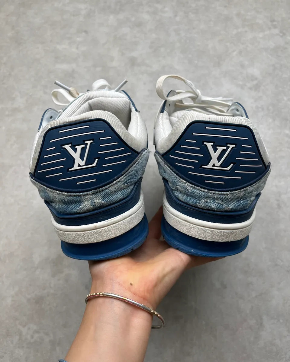 FW2018 Louis Vuitton Blue Denim & White Leather Trainer Sneakers nRDVZkO 11