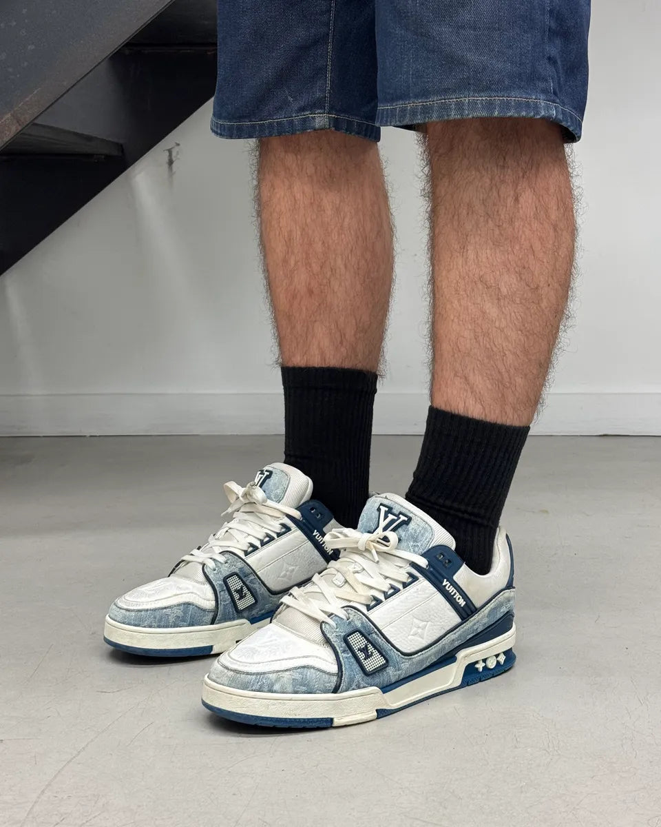FW2018 Louis Vuitton Blue Denim & White Leather Trainer Sneakers nRDVZkO 2