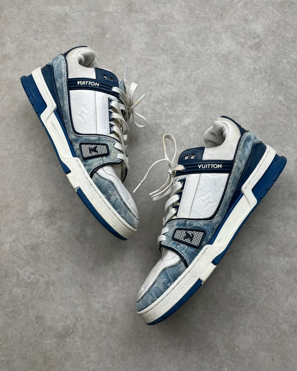 FW2018 Louis Vuitton Blue Denim & White Leather Trainer Sneakers nRDVZkO 4