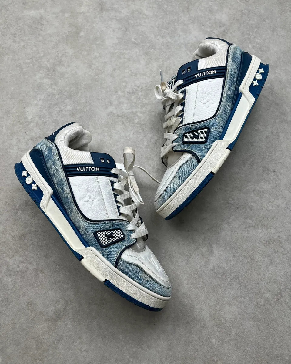 FW2018 Louis Vuitton Blue Denim & White Leather Trainer Sneakers nRDVZkO 5