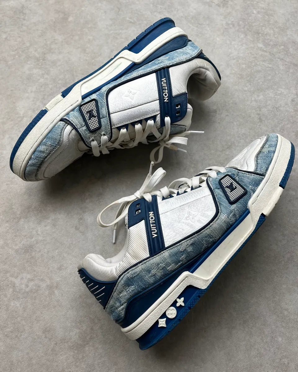 FW2018 Louis Vuitton Blue Denim & White Leather Trainer Sneakers nRDVZkO 6