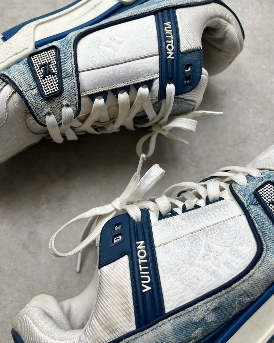 FW2018 Louis Vuitton Blue Denim & White Leather Trainer Sneakers nRDVZkO 7
