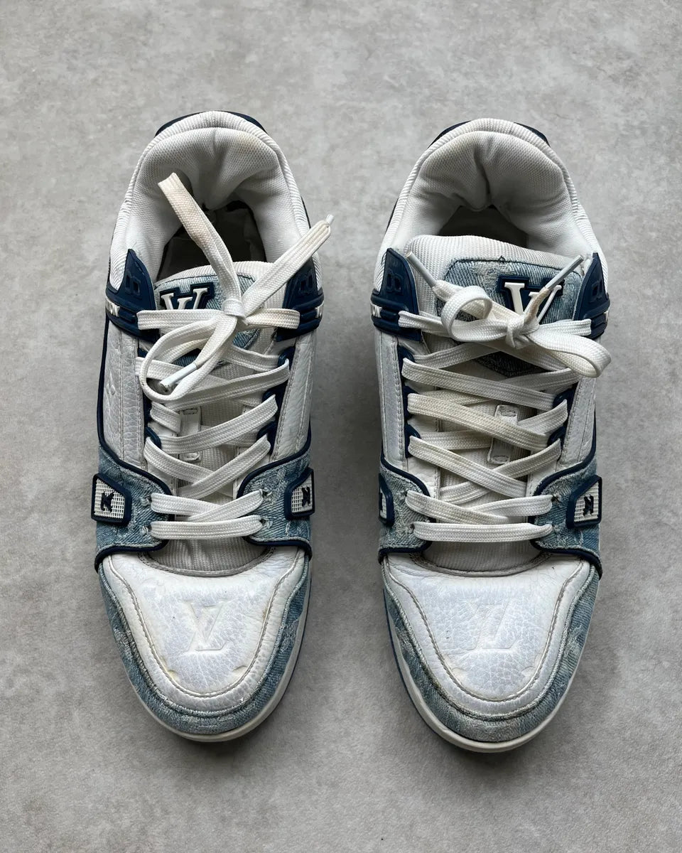 FW2018 Louis Vuitton Blue Denim & White Leather Trainer Sneakers nRDVZkO 8