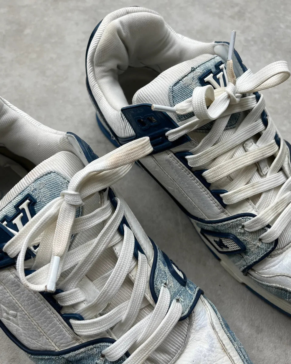 FW2018 Louis Vuitton Blue Denim & White Leather Trainer Sneakers nRDVZkO 9