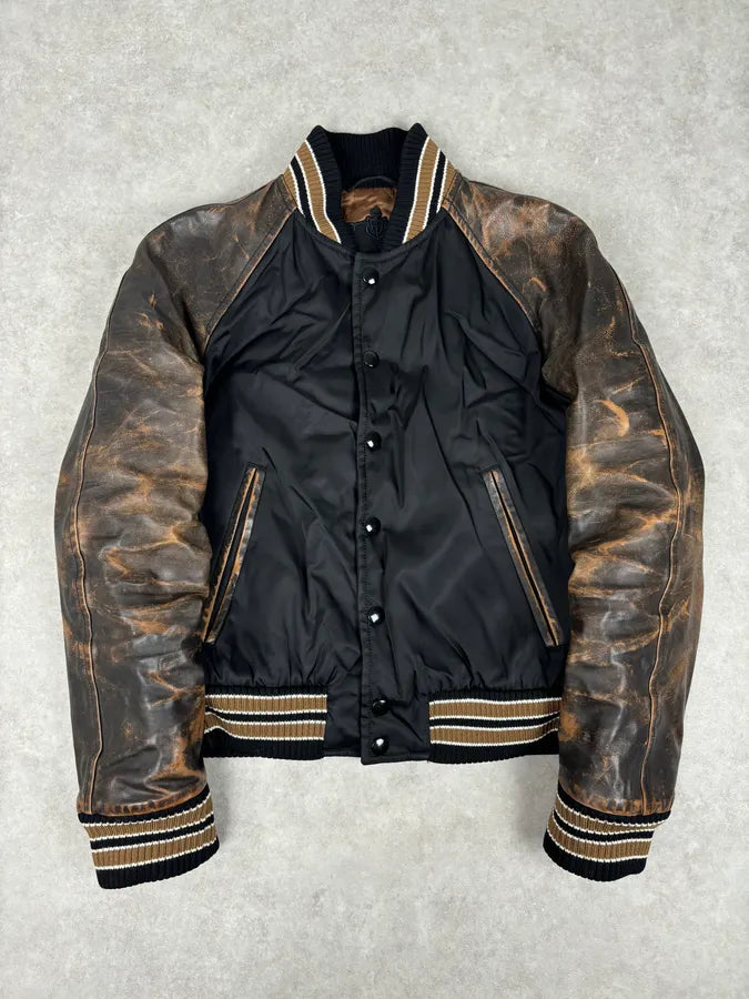 FW2018 Prada Black Leather Varsity Bomber Jacket plhgUMx 0