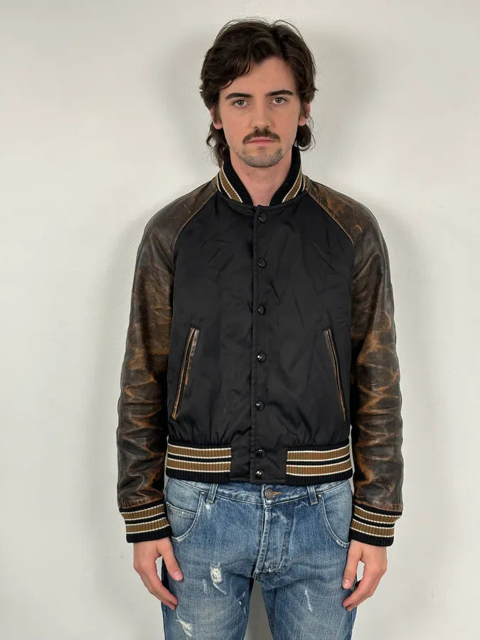 FW2018 Prada Black Leather Varsity Bomber Jacket plhgUMx 1