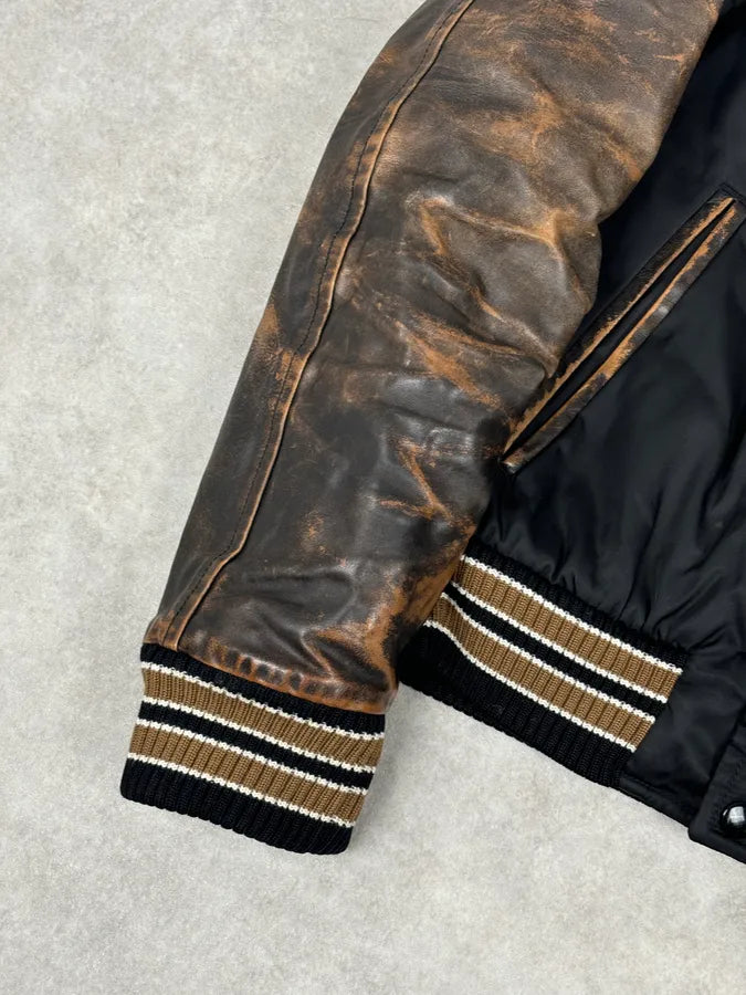 FW2018 Prada Black Leather Varsity Bomber Jacket plhgUMx 8