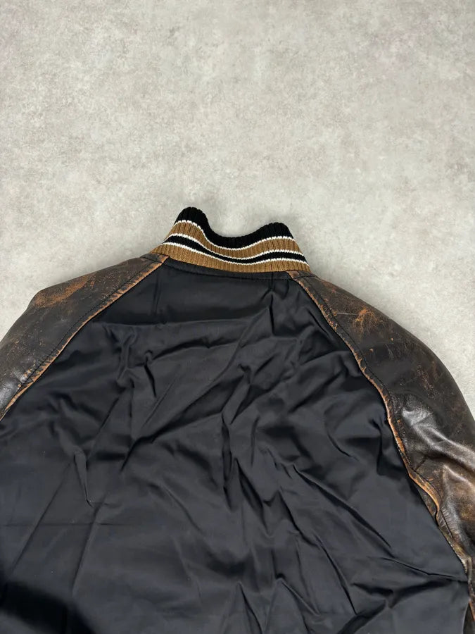 FW2018 Prada Black Leather Varsity Bomber Jacket plhgUMx 5