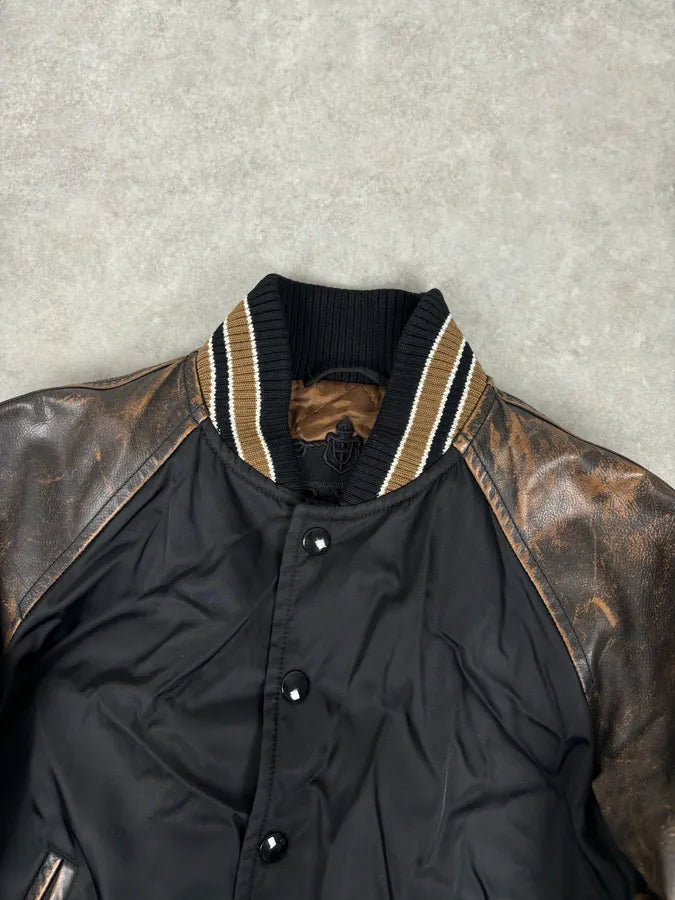 FW2018 Prada Black Leather Varsity Bomber Jacket plhgUMx 3