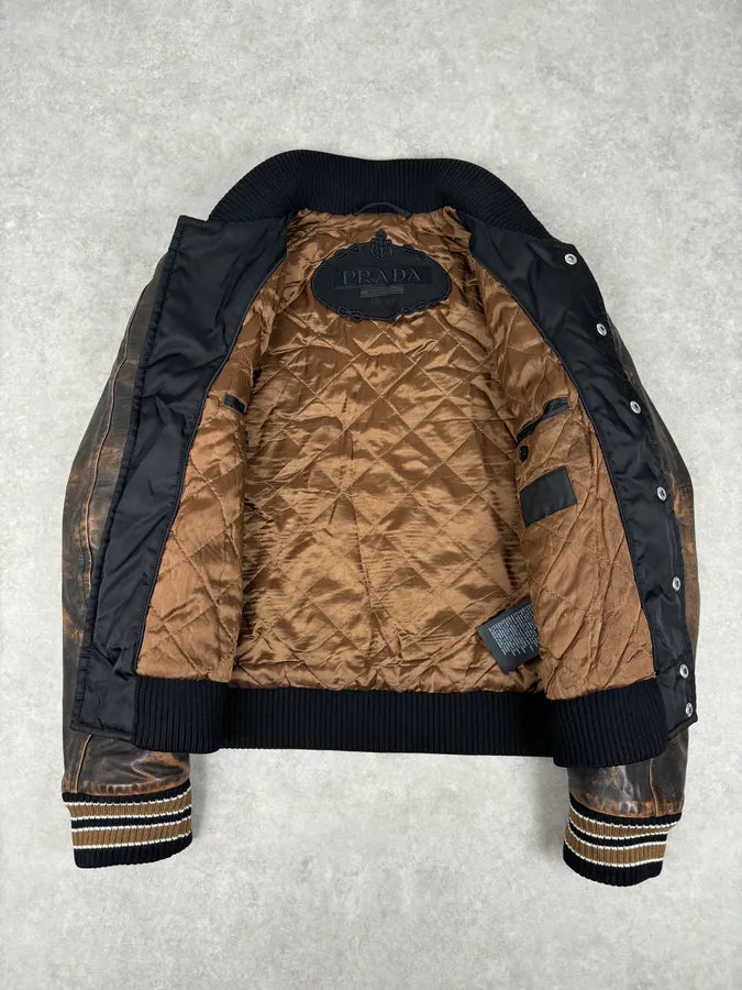FW2018 Prada Black Leather Varsity Bomber Jacket plhgUMx 6