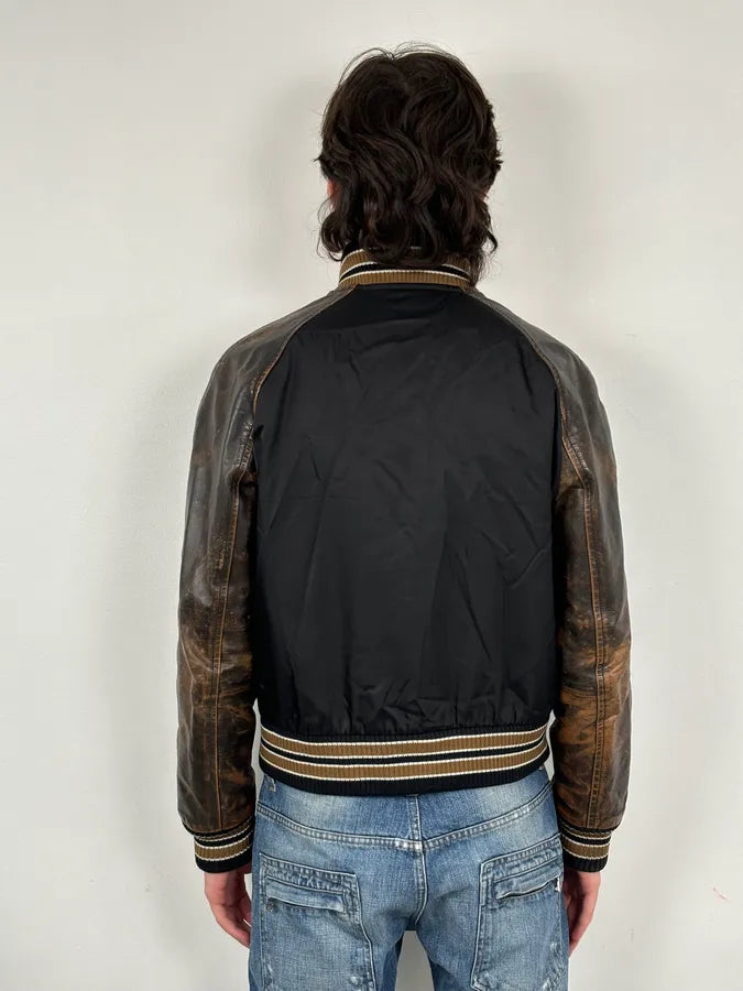 FW2018 Prada Black Leather Varsity Bomber Jacket plhgUMx 2