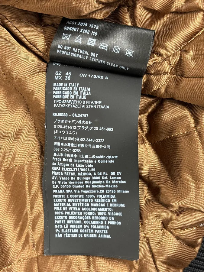 FW2018 Prada Black Leather Varsity Bomber Jacket plhgUMx 11