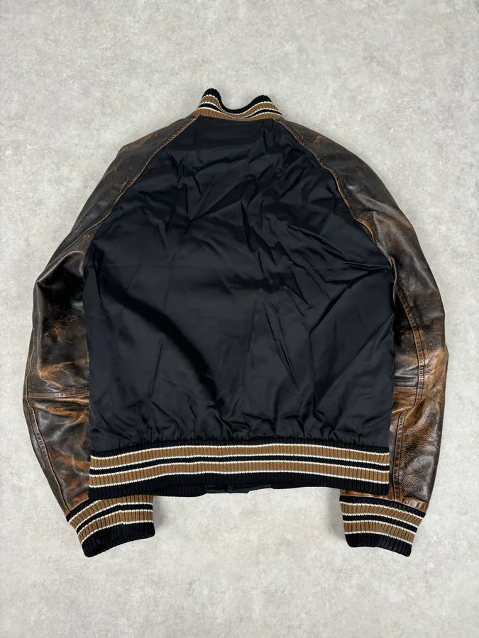 FW2018 Prada Black Leather Varsity Bomber Jacket plhgUMx 4