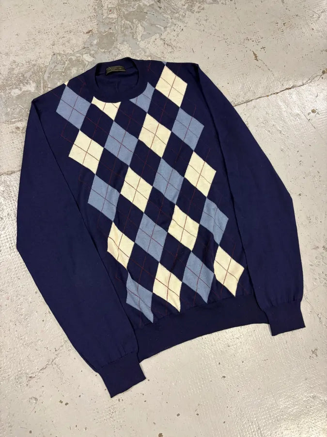 FW2018 Prada Navy Argyle Wool Sweater xHOVnEv 3
