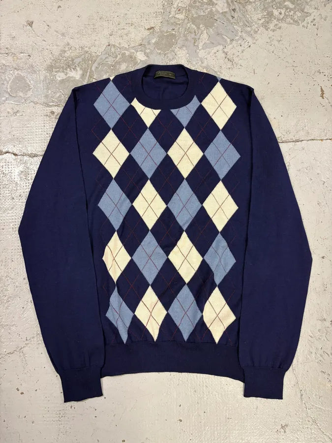 FW2018 Prada Navy Argyle Wool Sweater xHOVnEv 0
