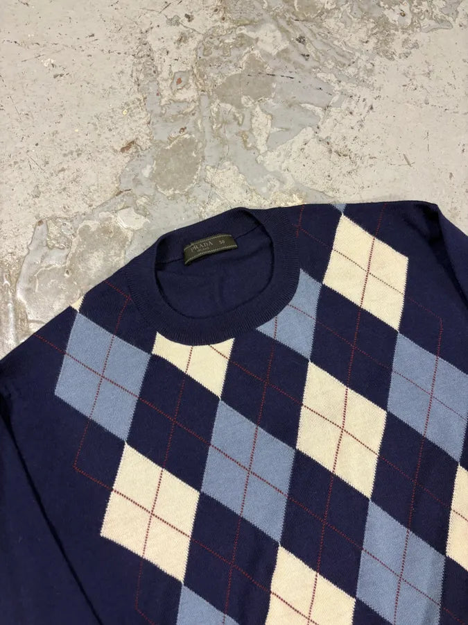 FW2018 Prada Navy Argyle Wool Sweater xHOVnEv 4