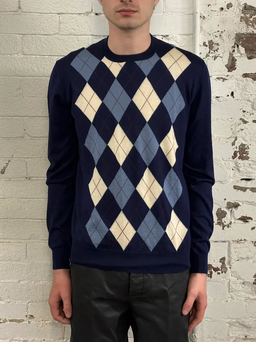 FW2018 Prada Navy Argyle Wool Sweater xHOVnEv 1