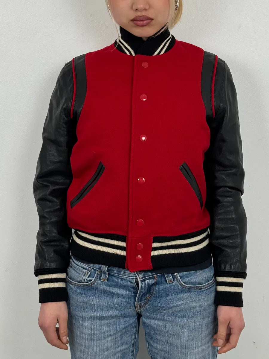 AW2018 Saint Laurent Red & Black Hybrid Leather Varsity Jacket  yOHiFNS 1