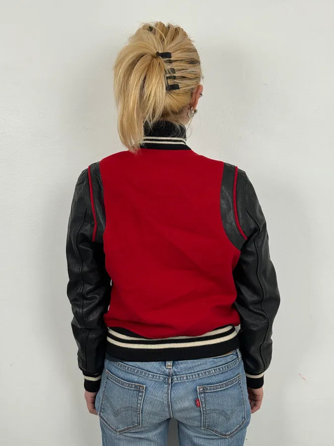 AW2018 Saint Laurent Red & Black Hybrid Leather Varsity Jacket  yOHiFNS 2