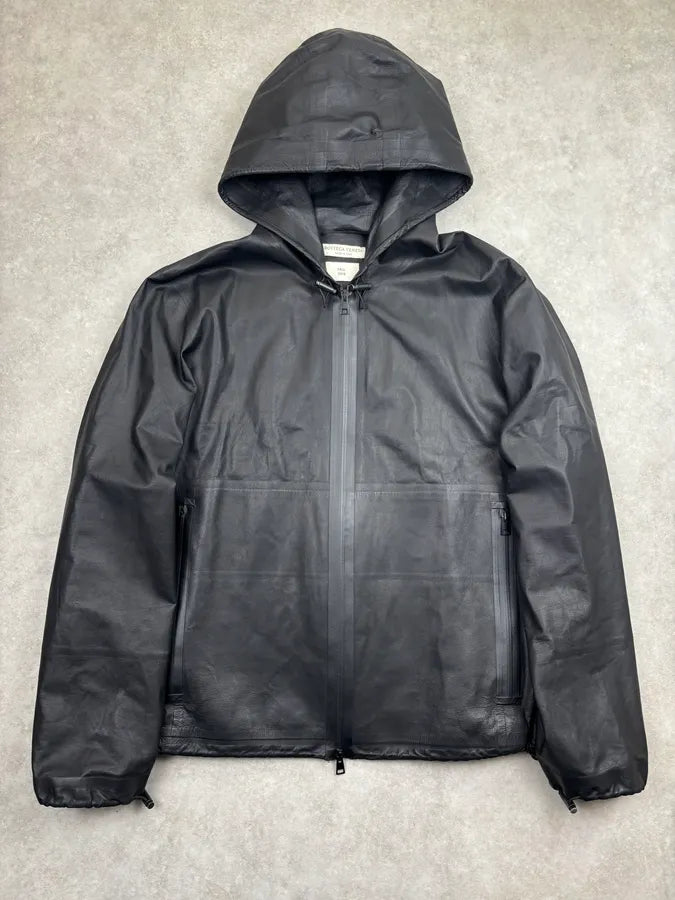 FW2019 Bottega Veneta Black Leather Technical Hooded Jacket UDFjjbl 0