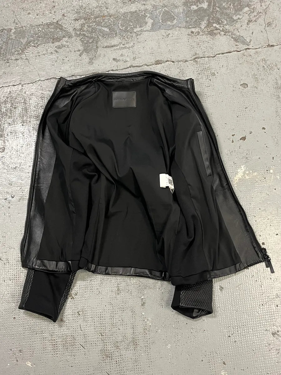 FW2019 Emporio Armani Biker Black Leather Woven Jacket mFOQwYs 8