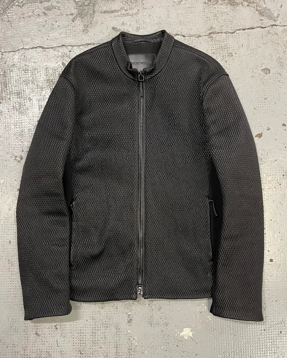 FW2019 Emporio Armani Biker Black Leather Woven Jacket mFOQwYs 0
