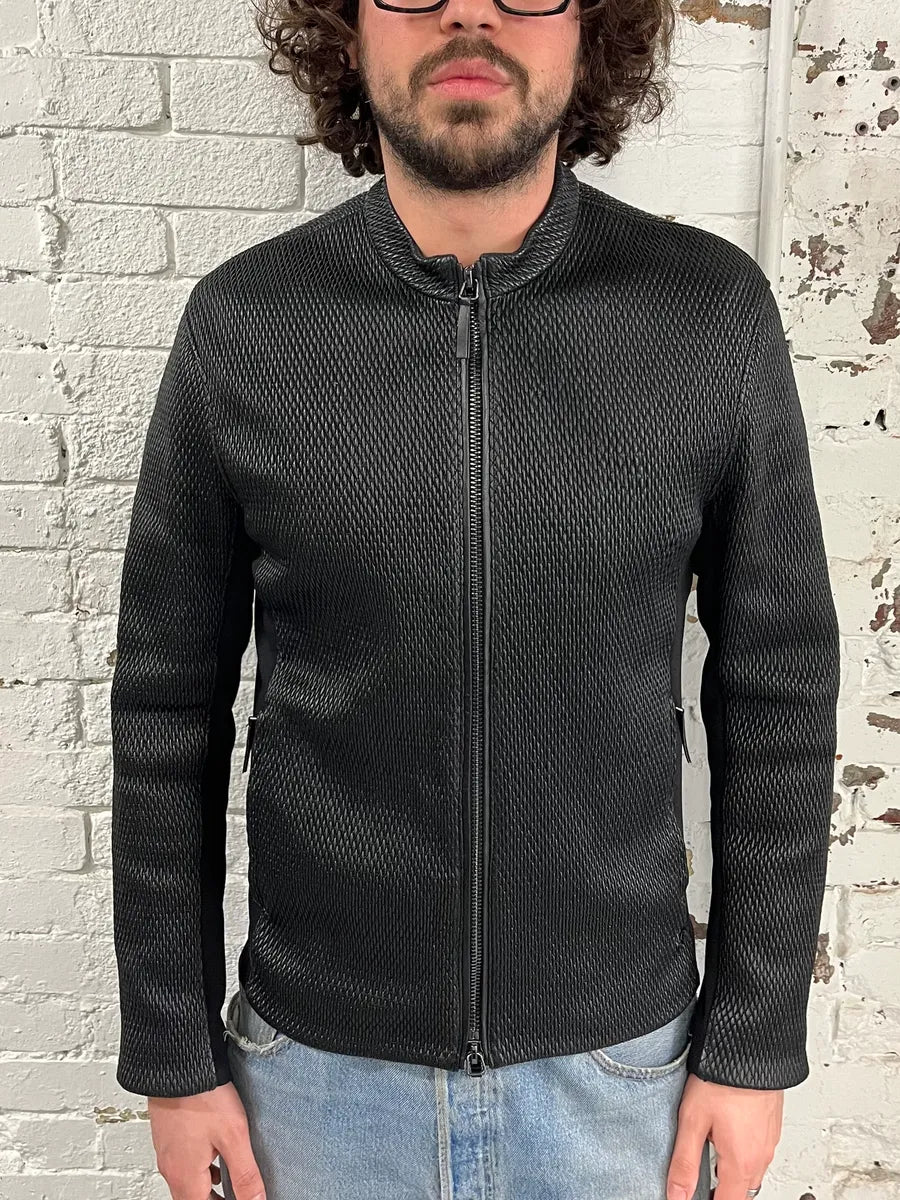 FW2019 Emporio Armani Biker Black Leather Woven Jacket mFOQwYs 1