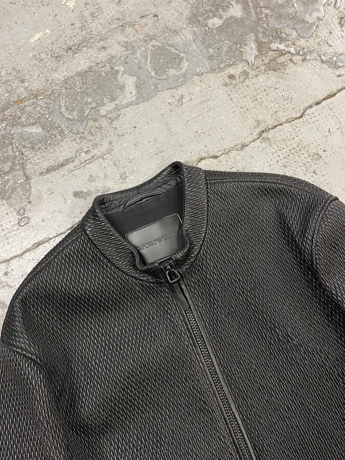 FW2019 Emporio Armani Biker Black Leather Woven Jacket mFOQwYs 3