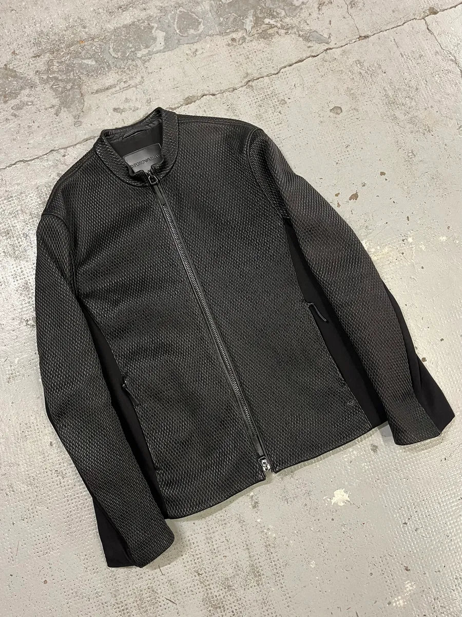 FW2019 Emporio Armani Biker Black Leather Woven Jacket mFOQwYs 4