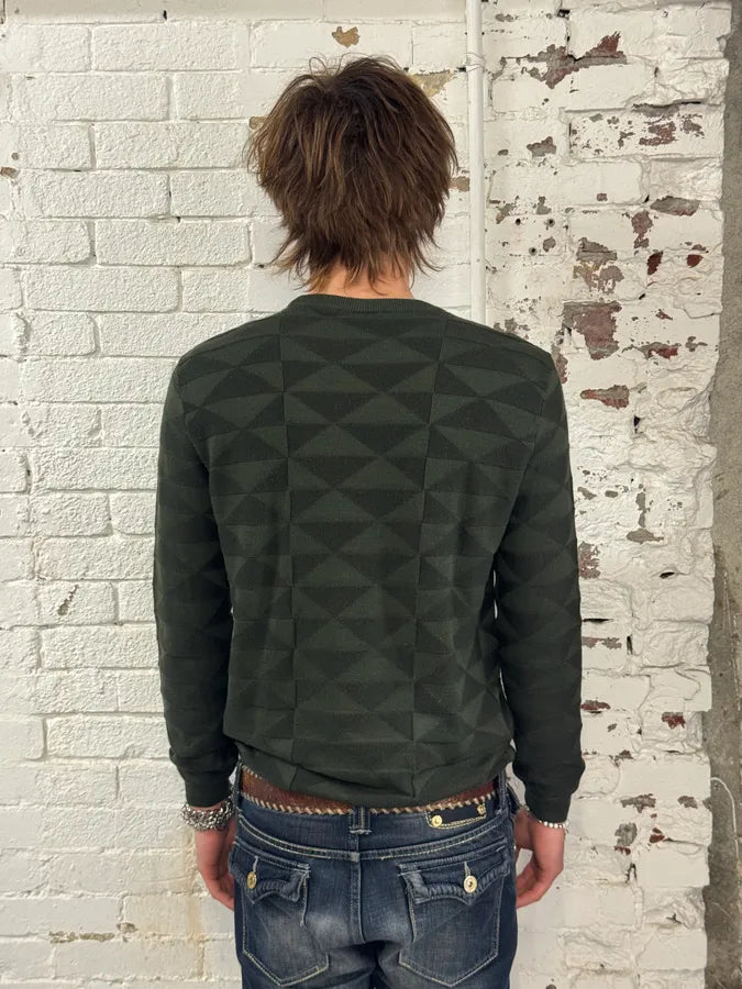 FW2019 Emporio Armani Olive Green Geometric Wool Sweater TNtbouX 2