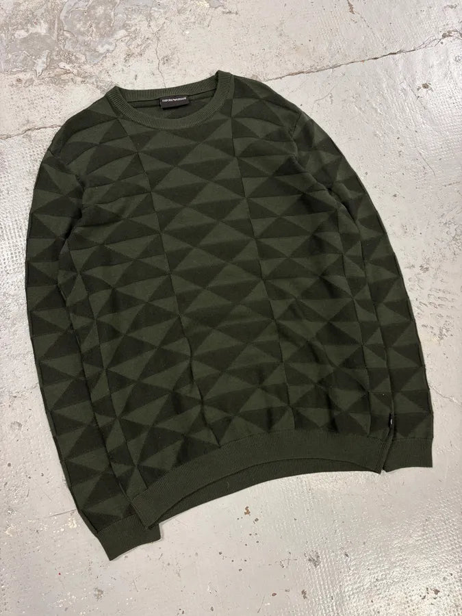 FW2019 Emporio Armani Olive Green Geometric Wool Sweater TNtbouX 3