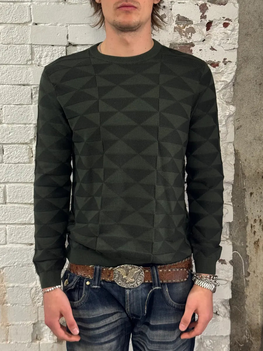 FW2019 Emporio Armani Olive Green Geometric Wool Sweater TNtbouX 1