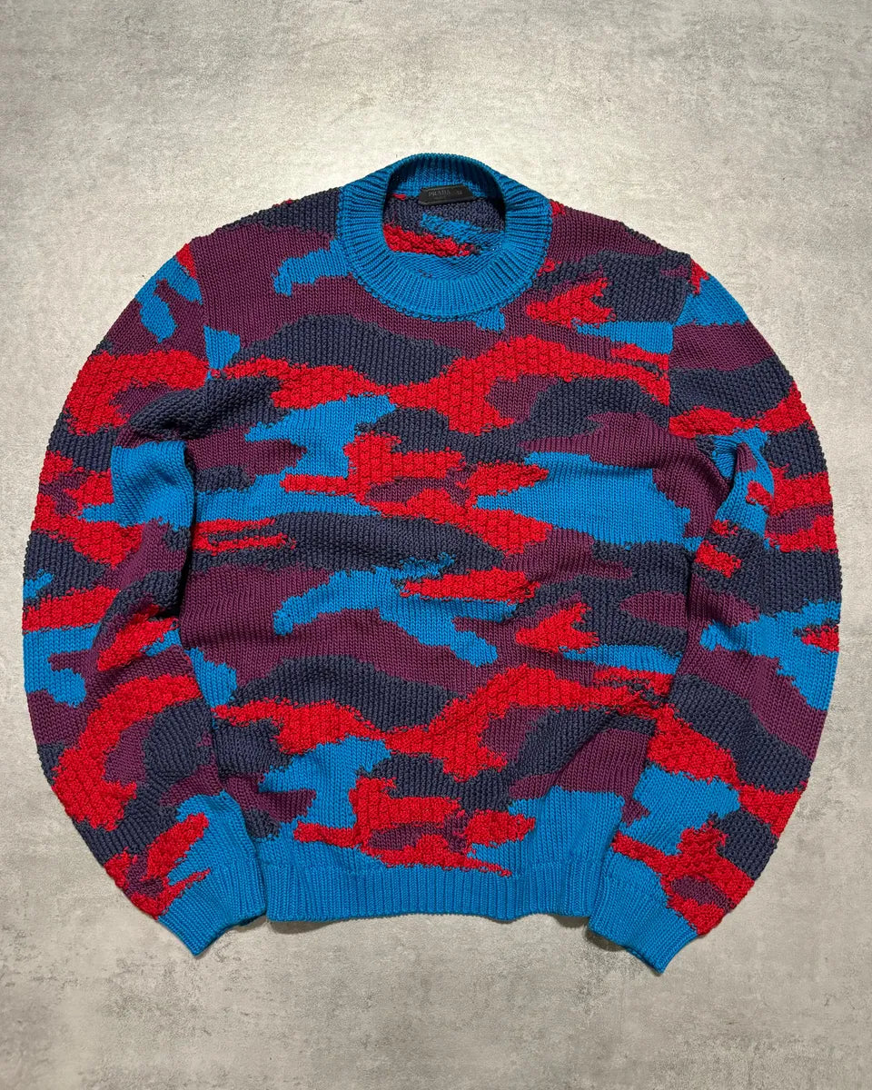 FW2019 Prada Camouflage Vibrant Energy Red & Blue Wool Sweater RBmBaDe 0