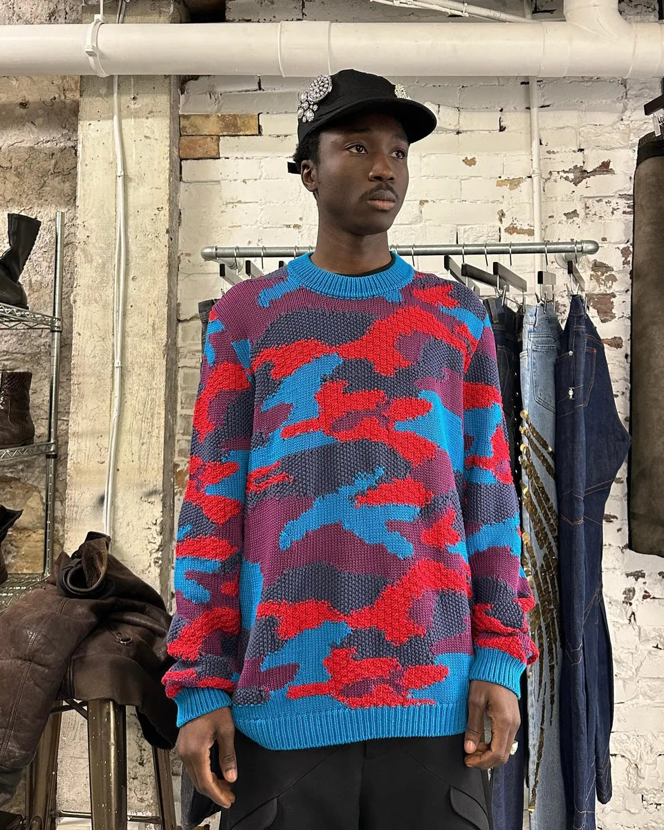 FW2019 Prada Camouflage Vibrant Energy Red & Blue Wool Sweater RBmBaDe 1