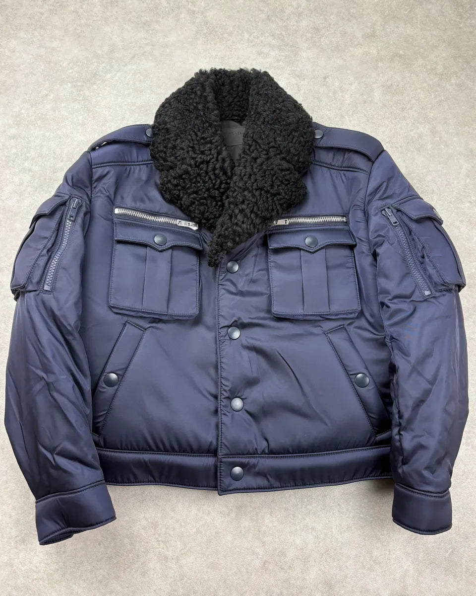 FW2019 Prada Navy Cargo Multi-Pocket Bomber Jacket wPflNYL 0