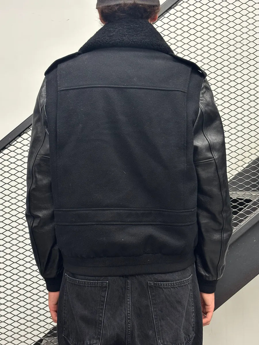 FW2019 Saint Lauren Hybrid Black Wool Leather Bomber Jacket NyNnbJA 2