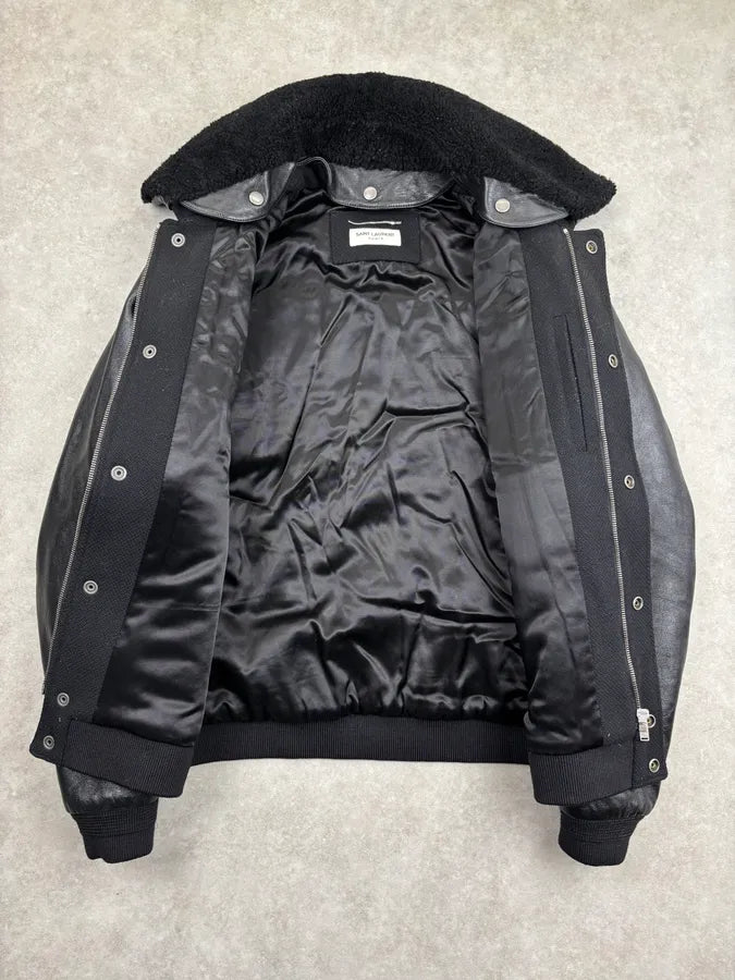FW2019 Saint Lauren Hybrid Black Wool Leather Bomber Jacket NyNnbJA 8